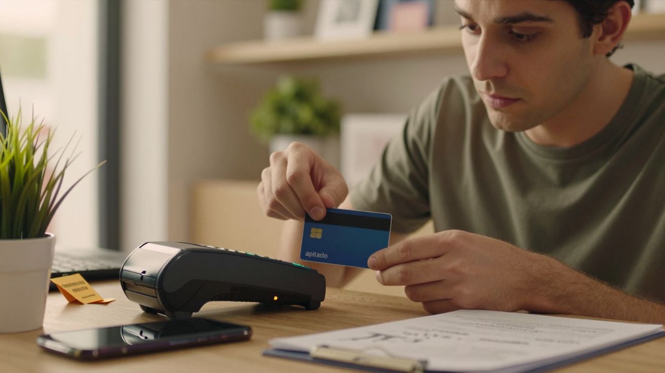 Homem a segurar cartão de crédito, prestes a pagar com terminal de cartão, numa secretária com plantas e documentos.