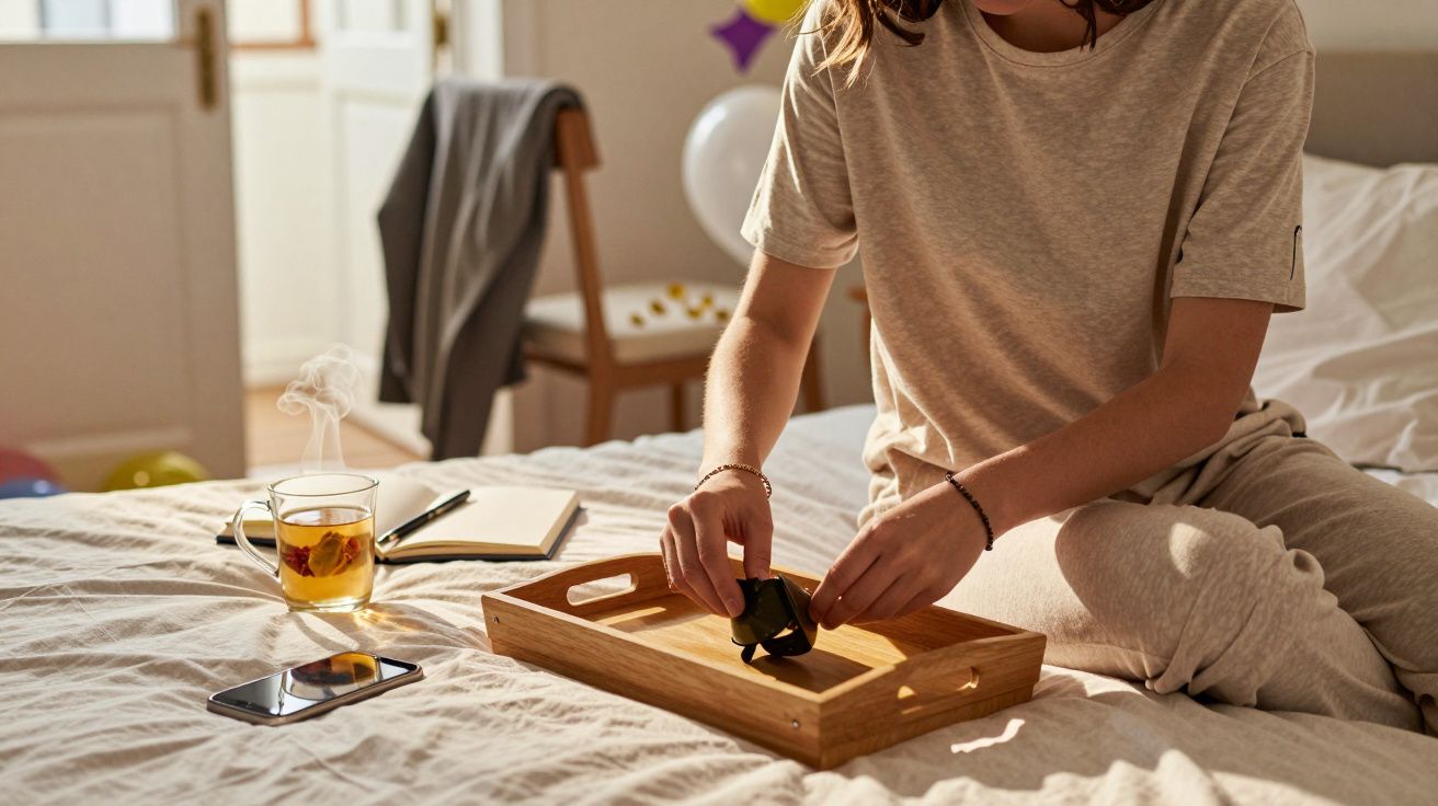 Mulher sentada na cama prepara tabuleiro com chá e objetos; telemóvel, chávena e caderno ao lado.