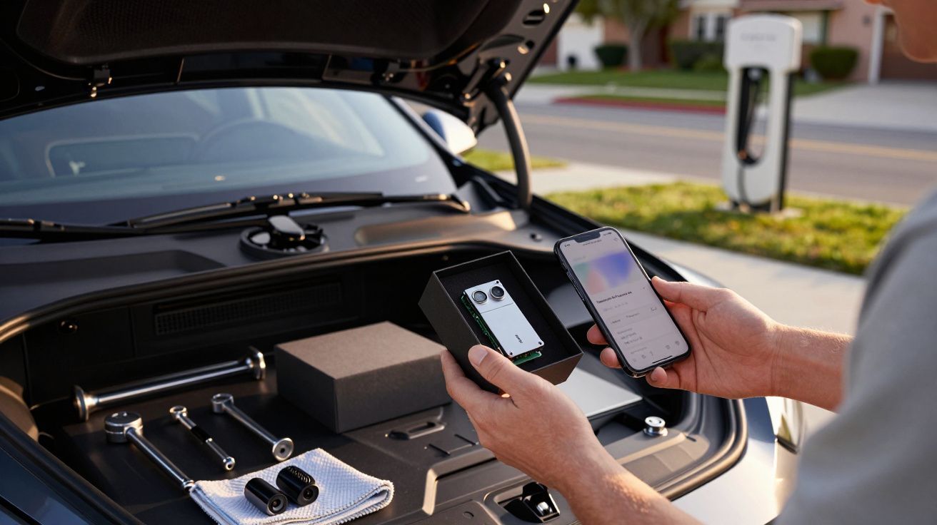 Homem segura smartphone e caixa de eletrónica ao lado de ferramentas no compartimento dianteiro aberto de um carro elétrico.