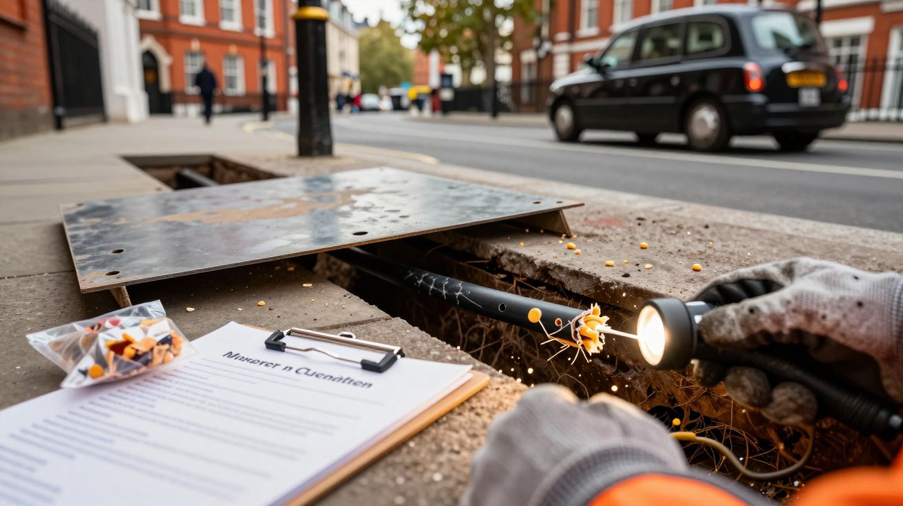 Trabalhador examina fios num esgoto aberto, com uma lanterna e uma prancheta com documentos ao lado. Rua movimentada ao fundo