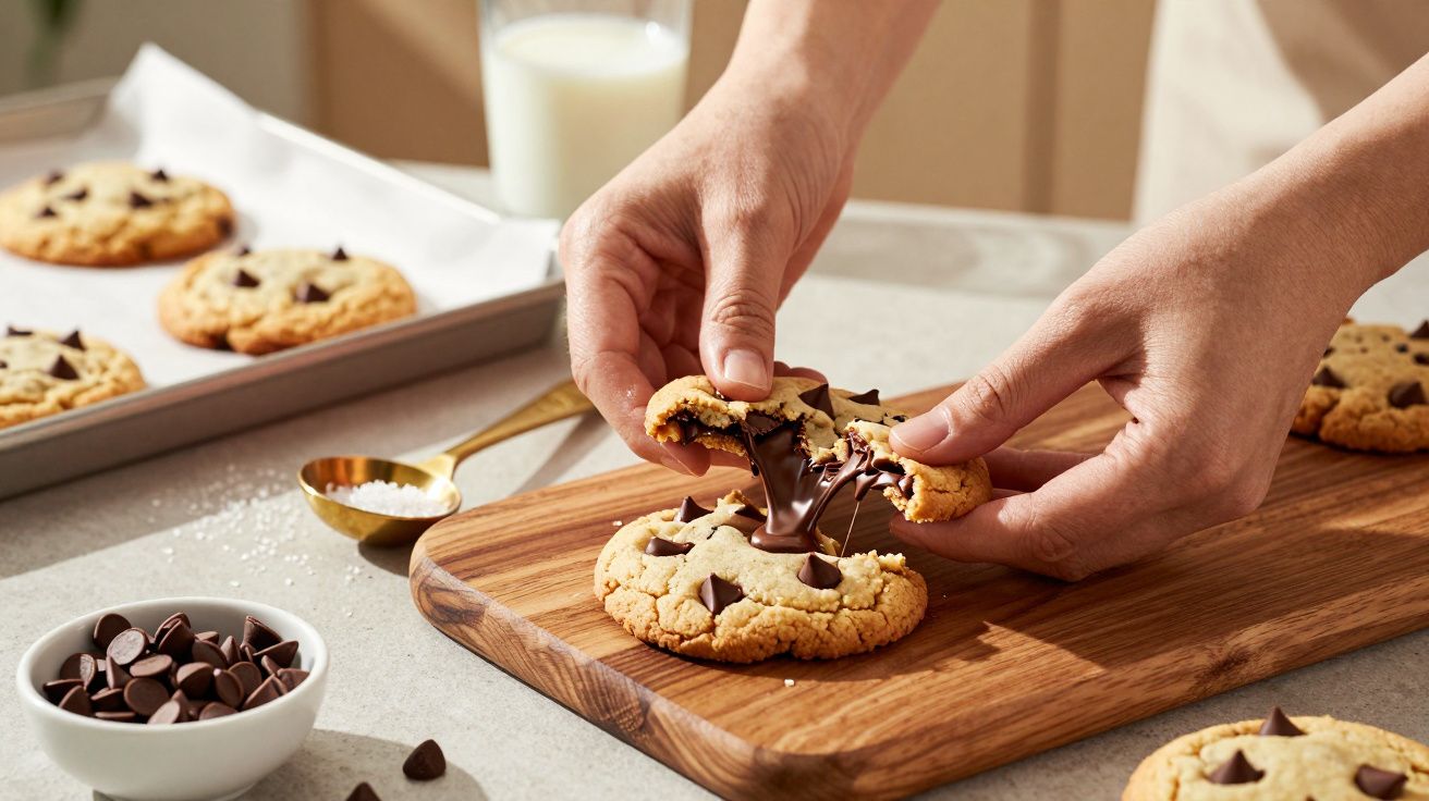 Pessoas partilham bolacha de chocolate acabada de fazer numa tábua de madeira, com leite ao fundo.