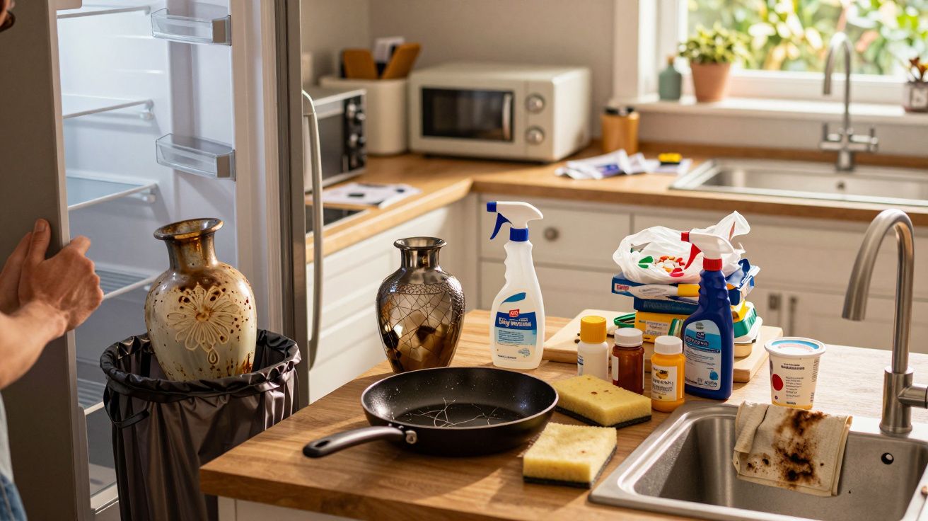 Cozinha com balcão bagunçado, vassouras, uma frigideira preta, produtos de limpeza e peças de cerâmica ao lado do frigorífico