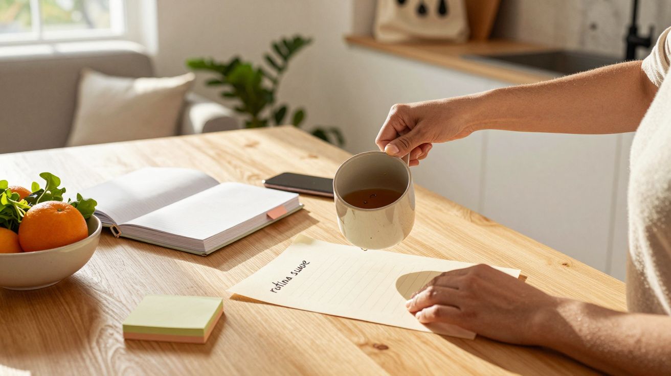 Pessoa derrama chá numa folha de papel sobre a mesa, próximo de bloco de notas, frutas e livro.