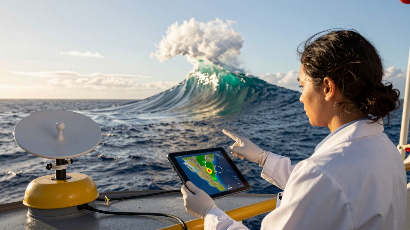 Cientista num barco utiliza tablet para analisar dados meteorológicos enquanto uma grande onda se aproxima ao fundo.
