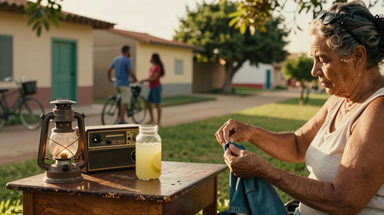 Mulher idosa costura à sombra, próxima a uma mesa com rádio, lanterna e bebida. Duas pessoas caminham ao fundo.