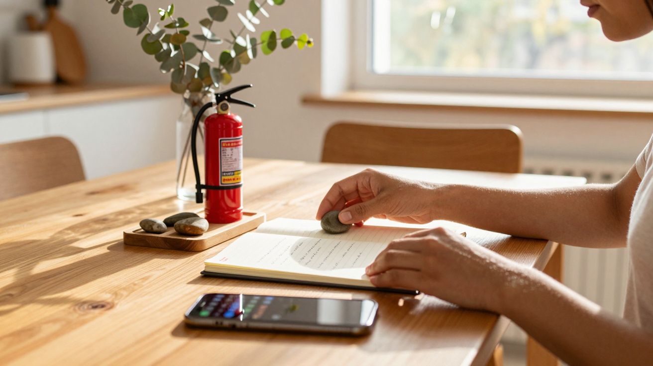 Pessoa vira página de livro numa mesa de madeira com pedras, telemóvel, vaso de ramos e extintor pequeno.