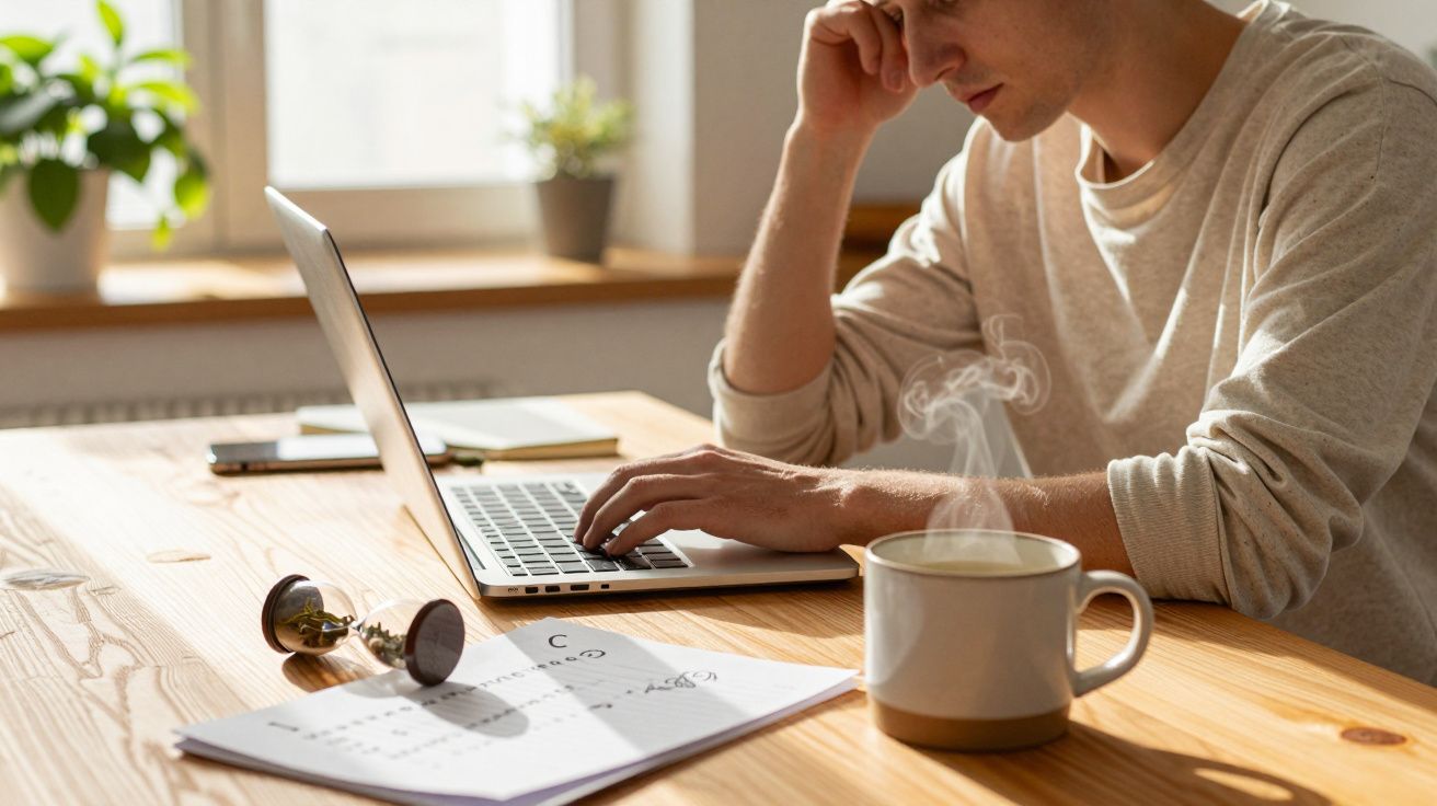 Homem concentrado a trabalhar no portátil numa mesa de madeira, com chávena fumegante e papéis ao lado, numa sala iluminada.