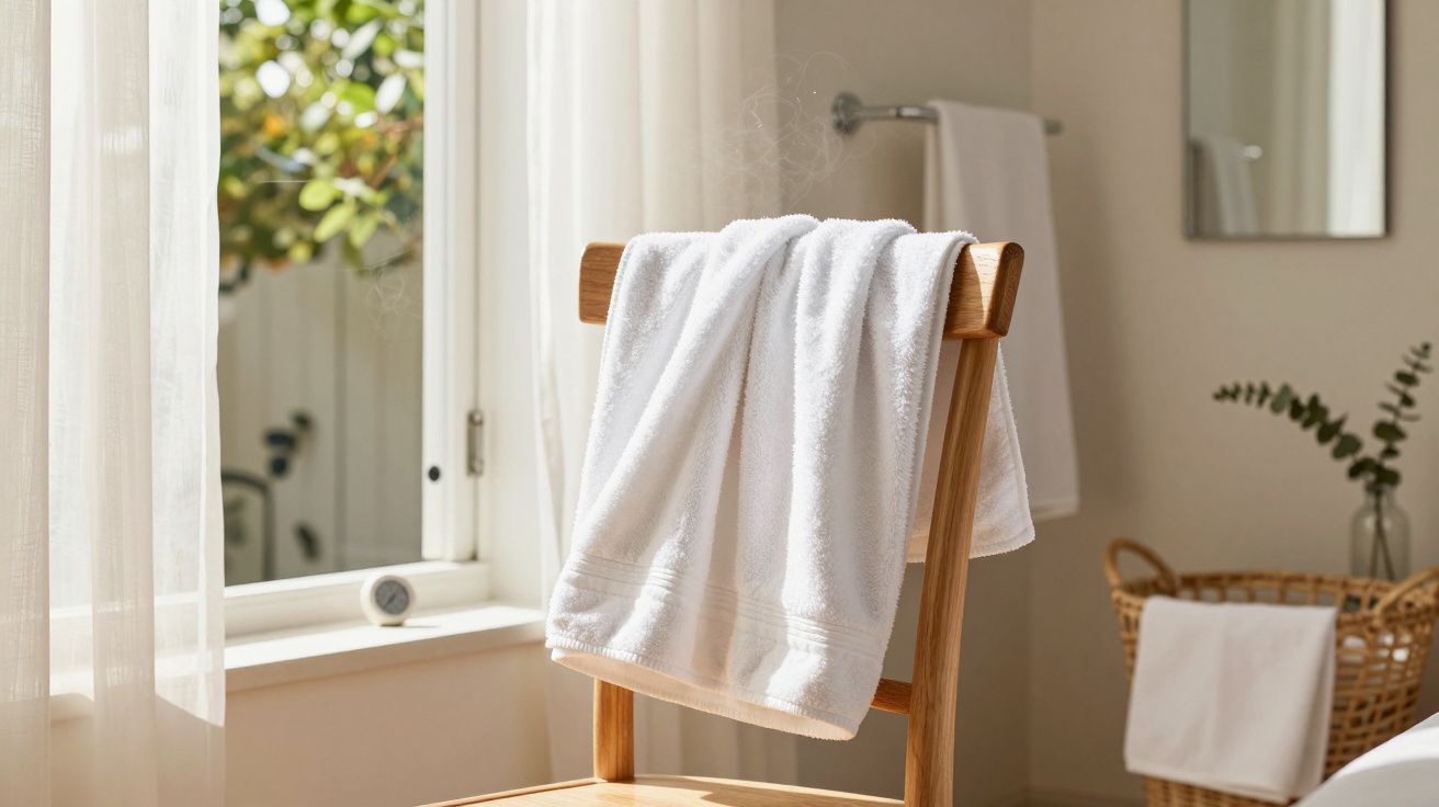 Toalha branca pendurada numa cadeira de madeira junto à janela numa casa de banho iluminada pelo sol.