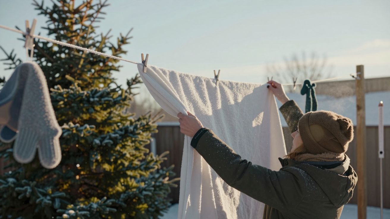 Pessoa pendura roupa numa linha, com árvore de Natal ao fundo, num dia frio e ensolarado.