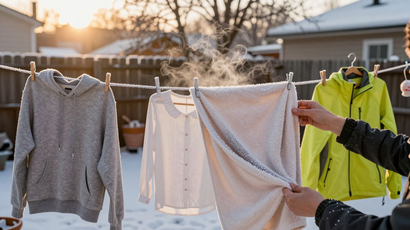 Roupa de inverno a secar num estendal ao ar livre com vapor, num quintal coberto de neve ao entardecer.