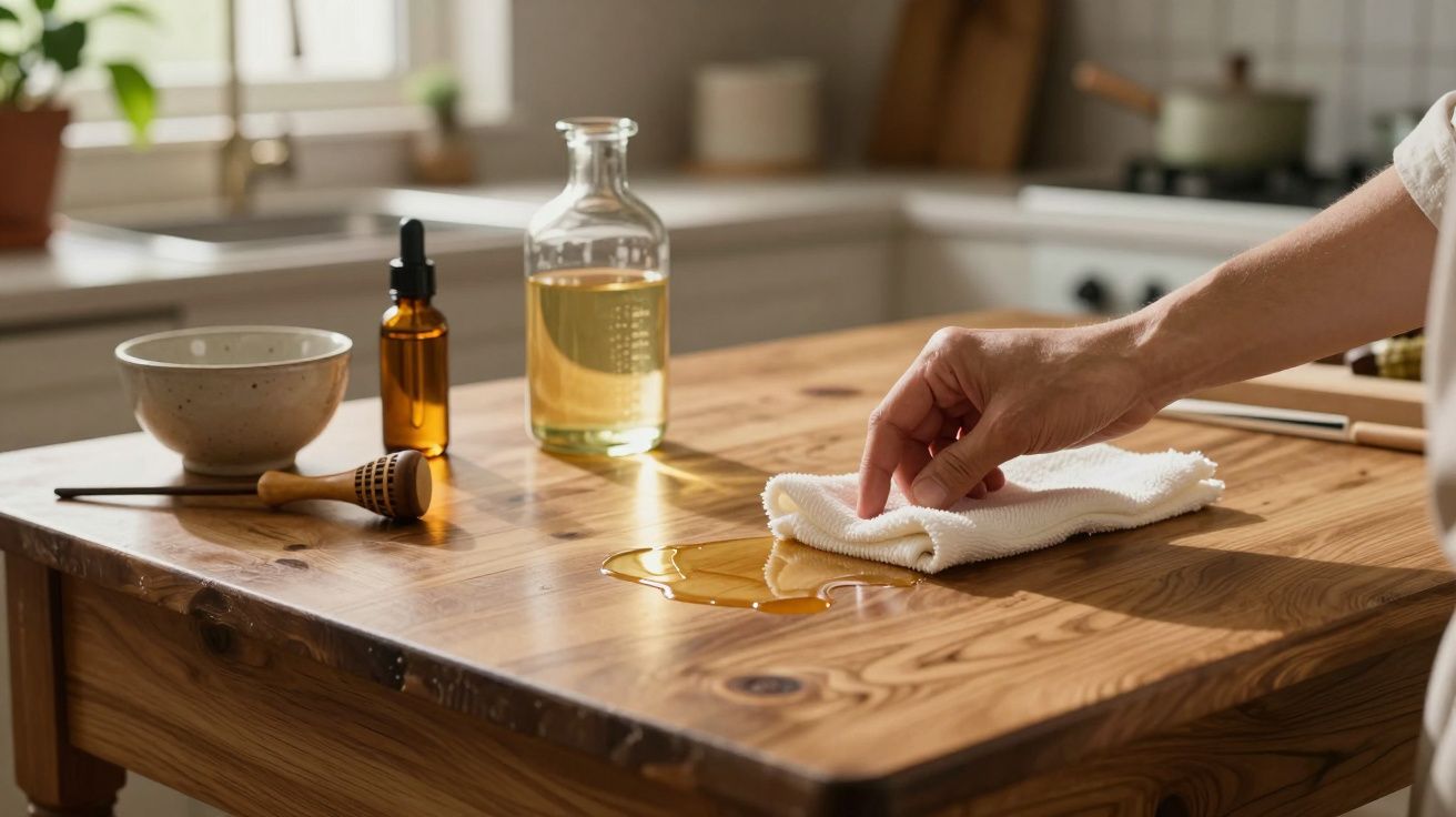 Pessoa limpa mel derramado numa mesa de madeira, com um pano, ao lado de frascos de óleo e mel.