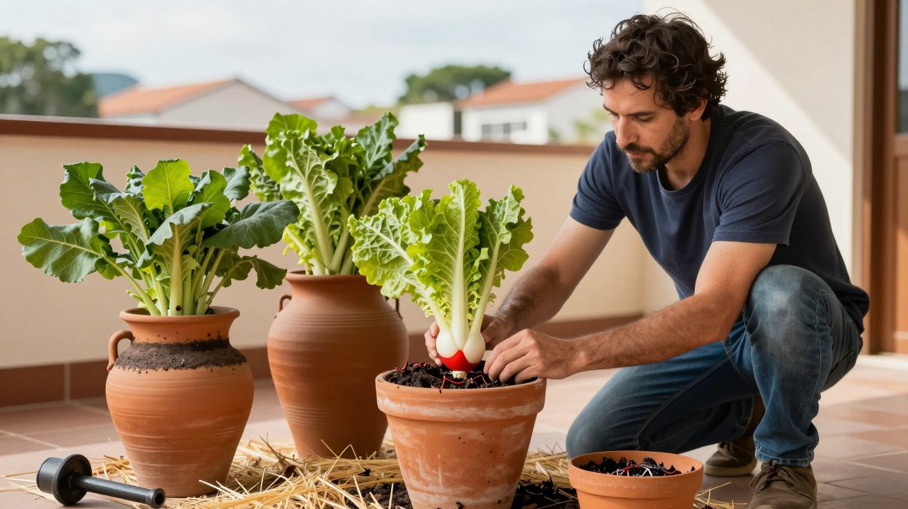 Homem a plantar acelgas em vasos de barro numa varanda, rodeado por outras plantas em crescimento.