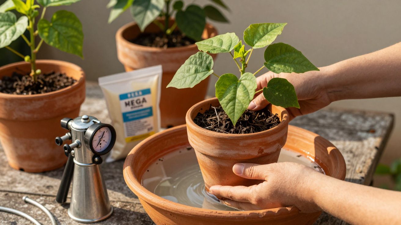 Mãos seguram vaso com planta, imerso em prato com água. Ao fundo, mais vasos e um medidor de pressão metálico.