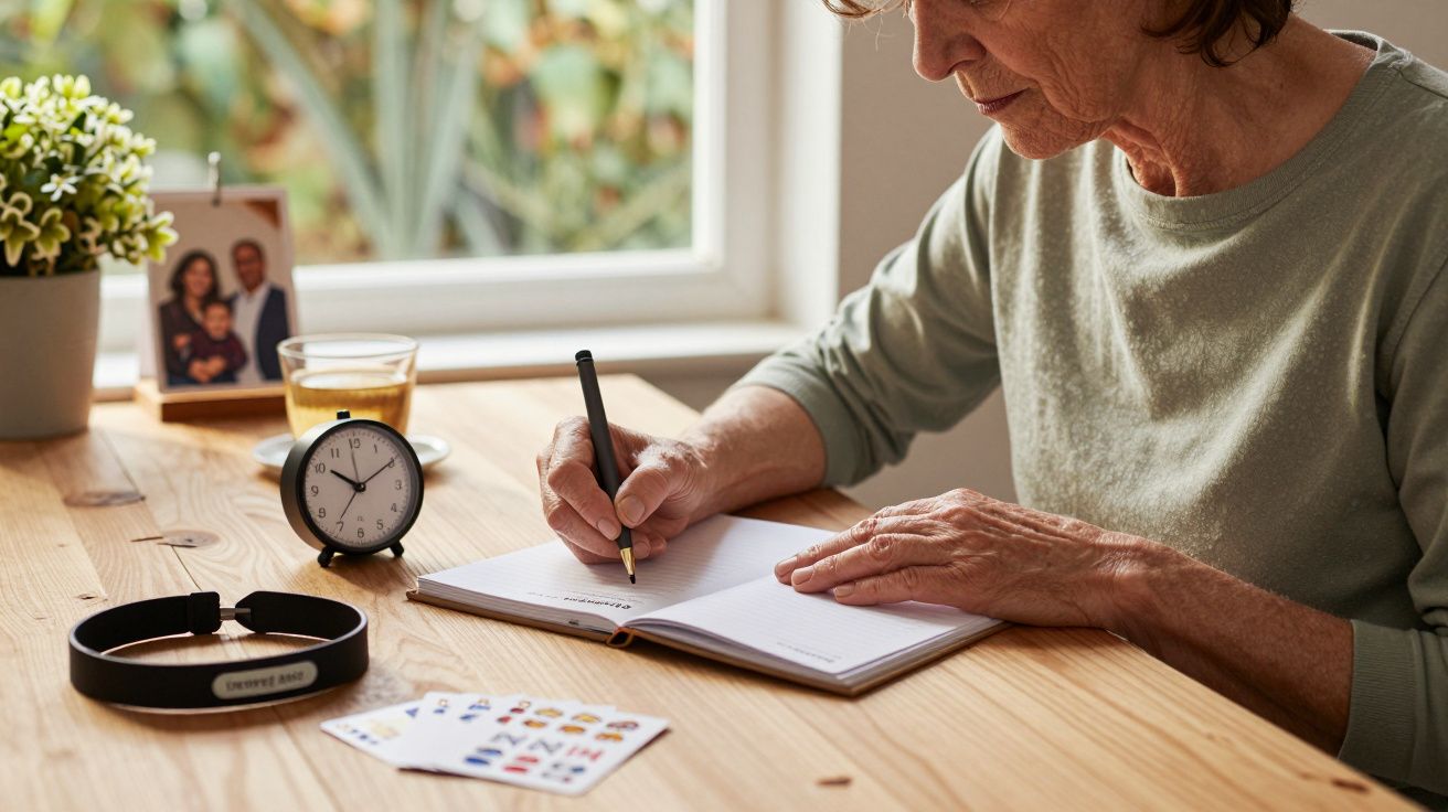 Mulher idosa escreve num caderno em mesa de madeira; ao lado, um relógio, copo com bebida e cartas de jogar.