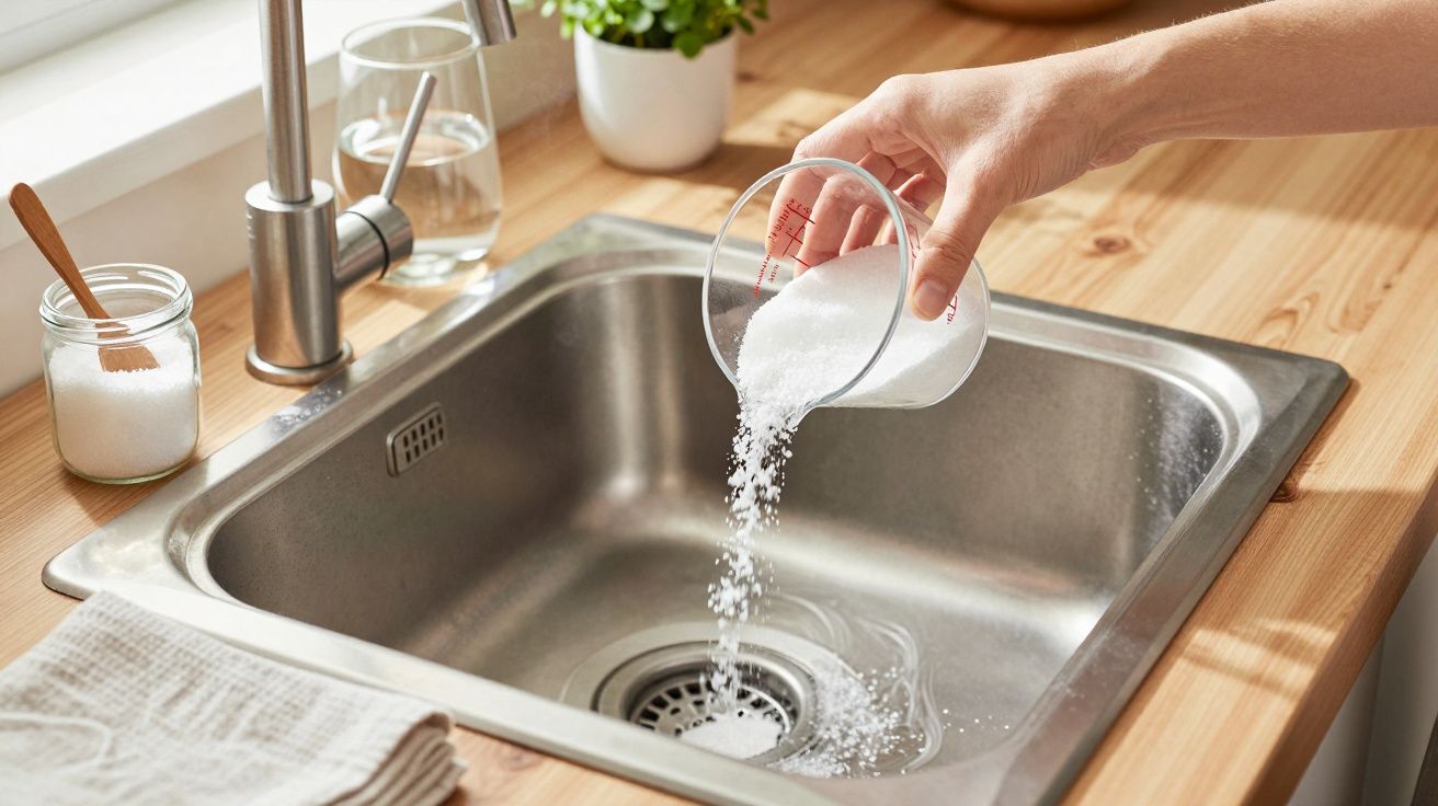Mão a despejar sal dentro de um lava-loiça de aço inoxidável numa cozinha bem iluminada.