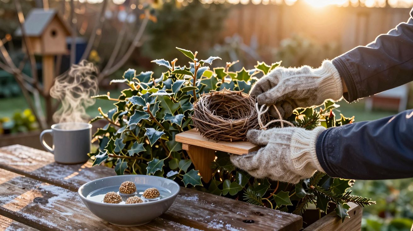 Pessoa com luvas coloca ninho numa prateleira de madeira, num jardim ao pôr do sol; chá fumegante ao lado.