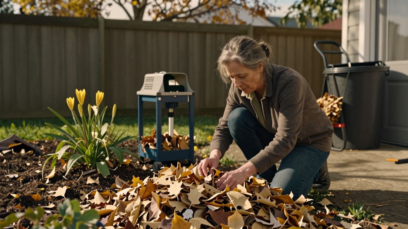 Mulher a apanhar folhas caídas no jardim, próximo de flores amarelas e uma lanterna azul.