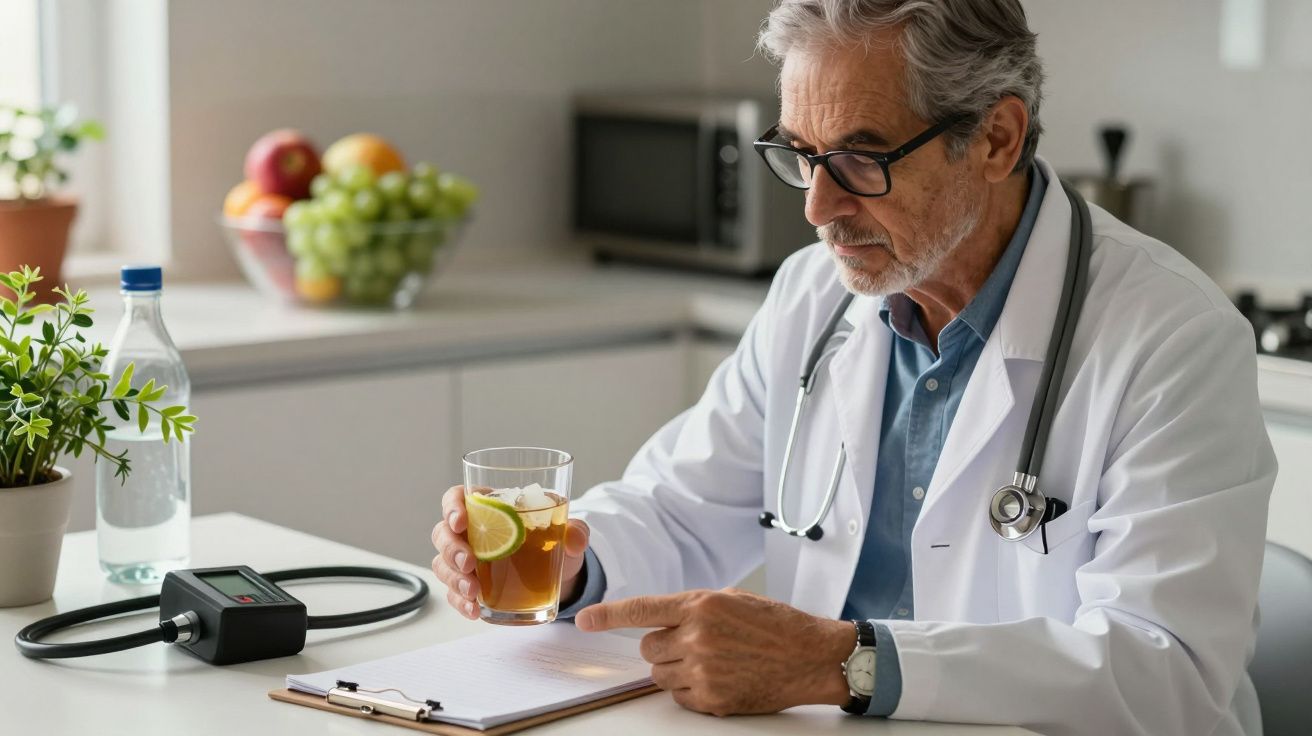 Médico idoso em cozinha, com bata branca, segurando bebida e apontando para uma prancheta. Frutas e plantas ao fundo.