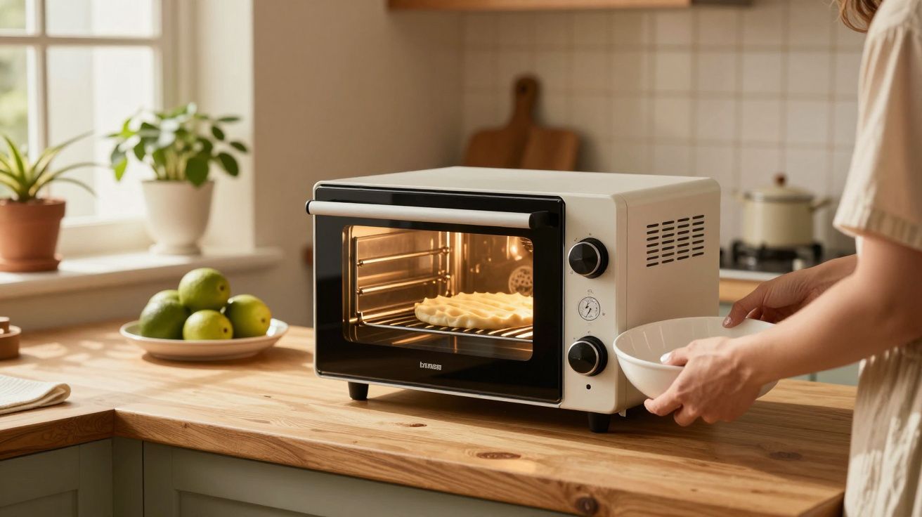 Pessoa a colocar prato num forno elétrico sobre bancada de madeira, com laranjas e plantas ao fundo.