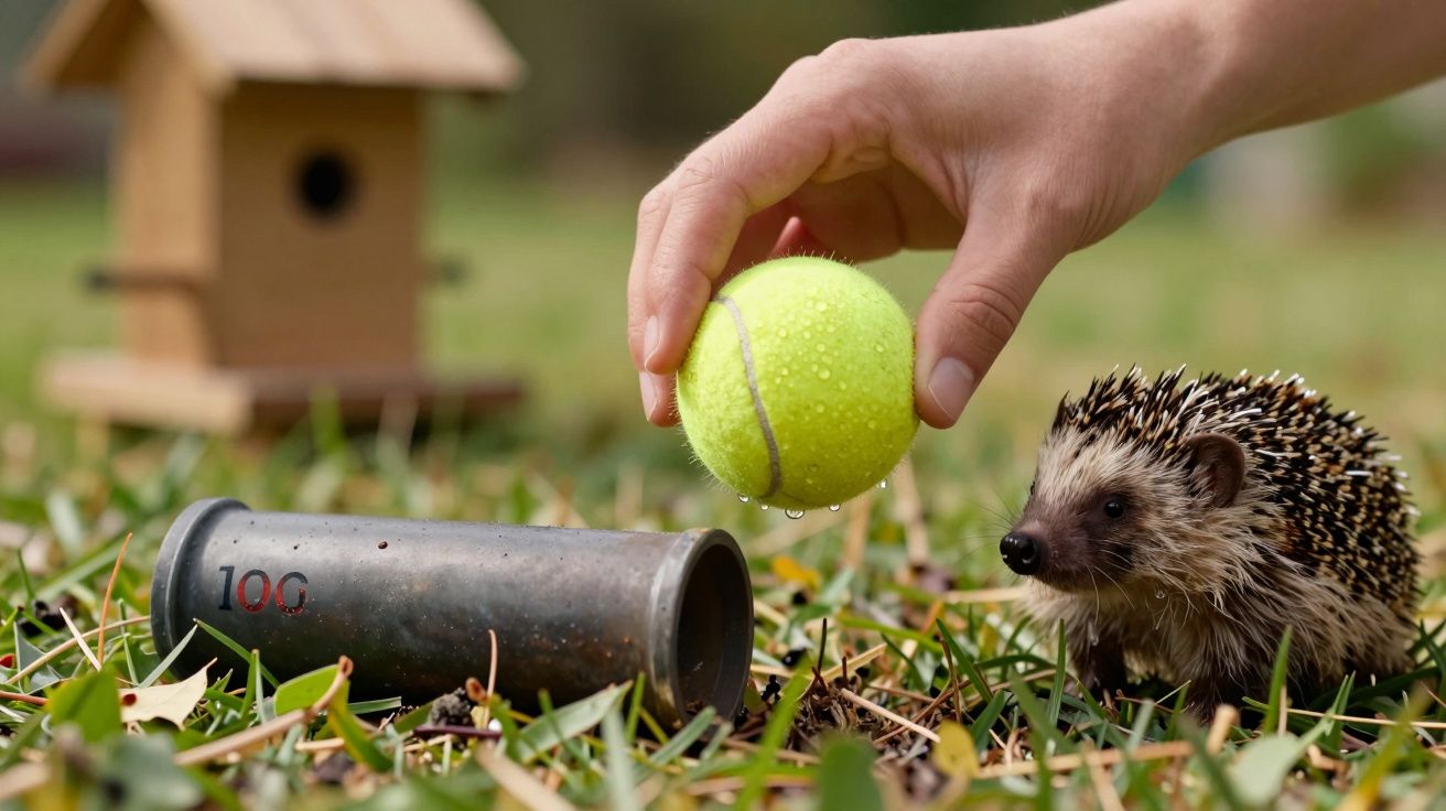 Ouriço no relvado ao lado de uma mão segurando uma bola de ténis, com uma caixa e uma casa de pássaros ao fundo.