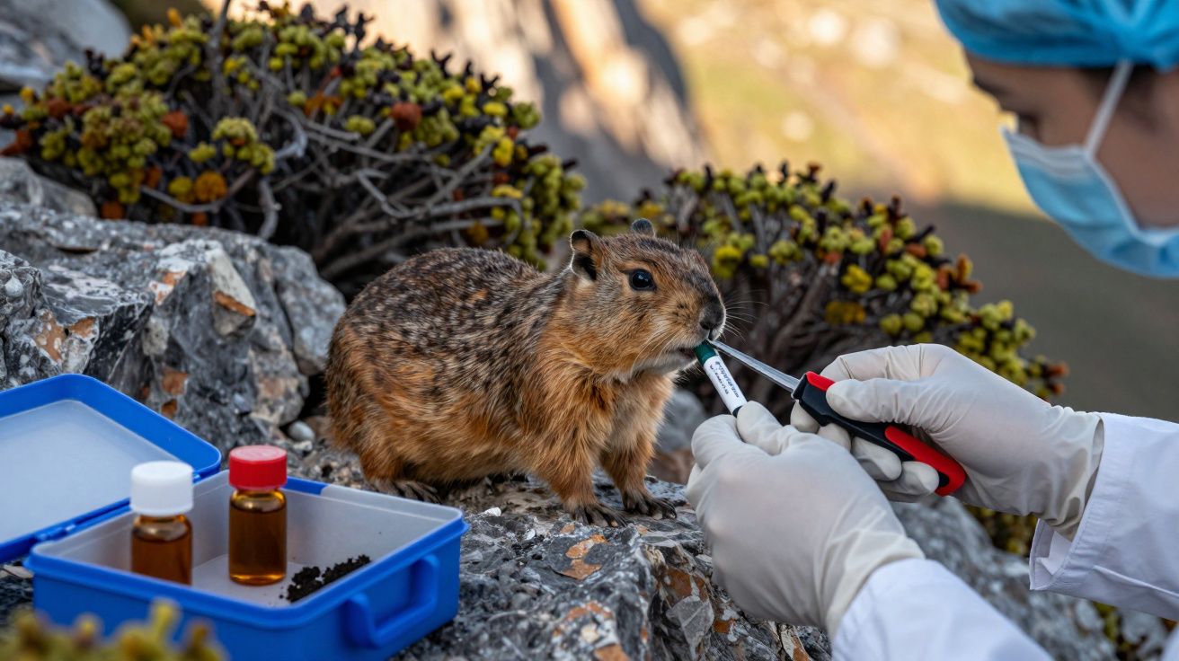 Cientista coleta amostra de uma marmota numa montanha, com equipamento de laboratório e luvas.