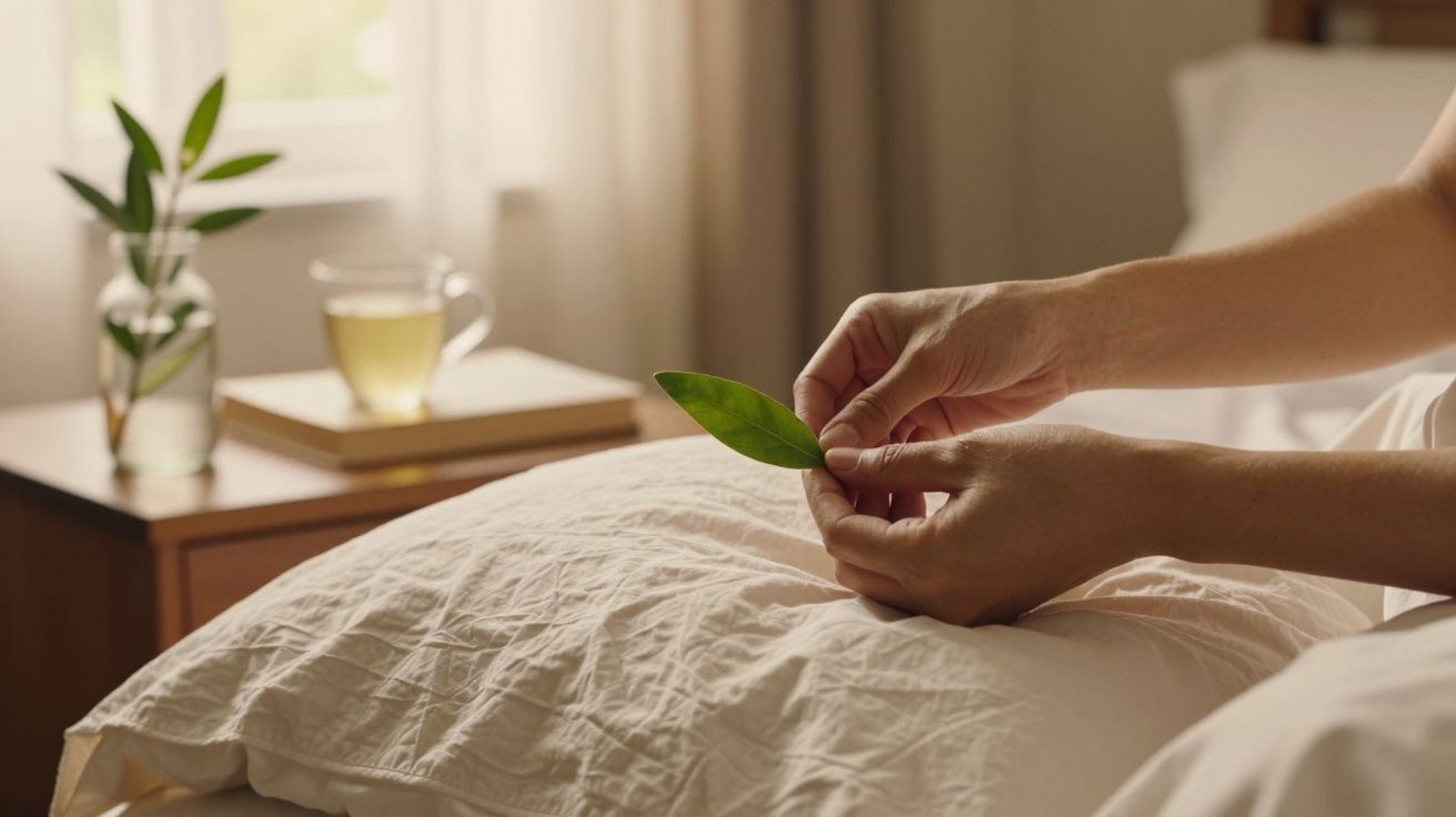 Mãos seguram uma folha verde sobre uma cama; chá e planta sobre a mesa ao fundo.
