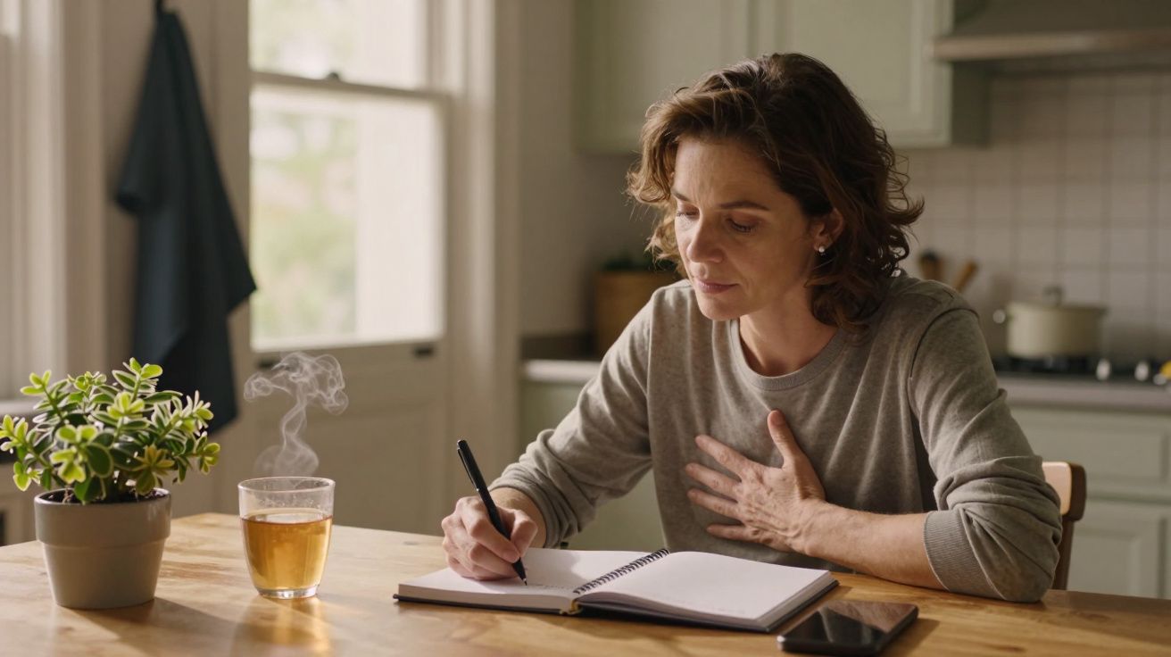 Mulher escreve num caderno numa cozinha, com um copo de chá e uma planta sobre a mesa.