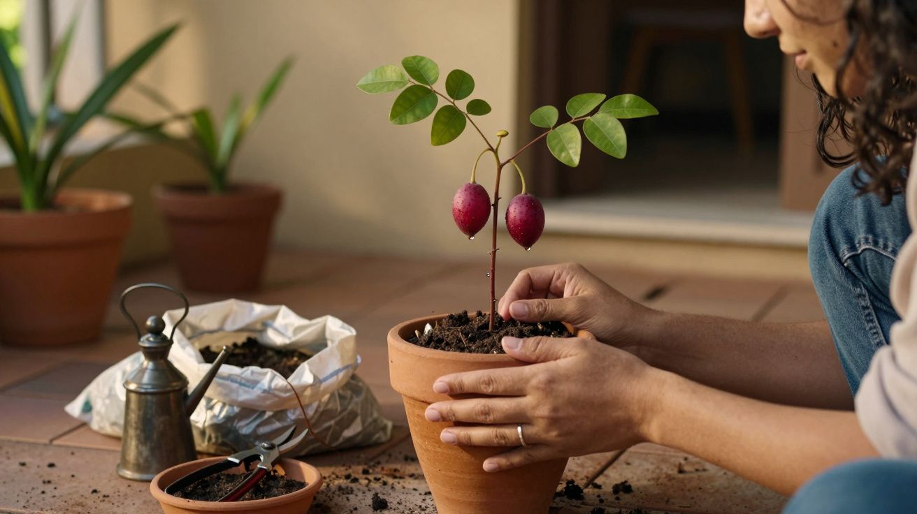 Pessoa planta muda em vaso de barro num pátio, rodeada de terra, regador e tesoura.