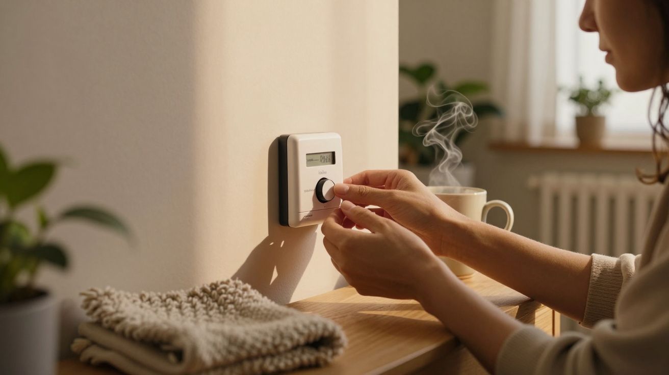 Pessoa ajusta termóstato na parede, com chá e toalha ao lado, em ambiente iluminado por luz natural.